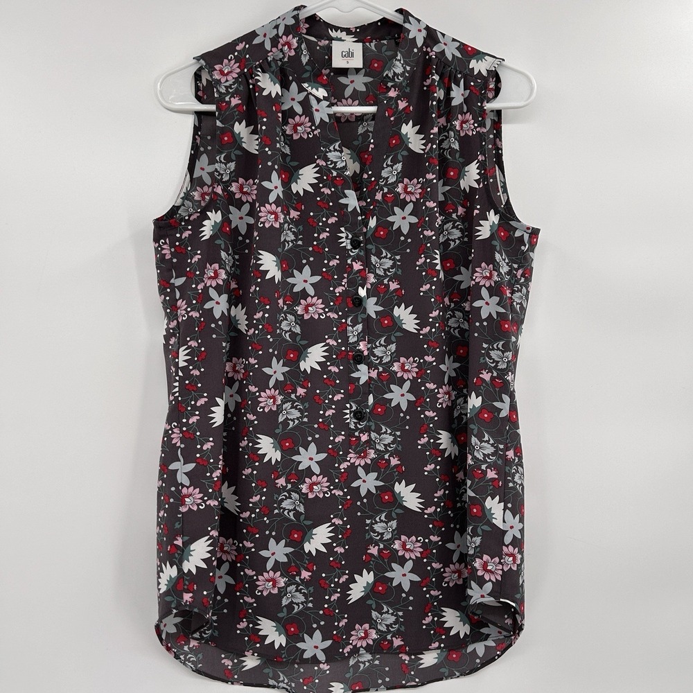 Cabi Womens Plaza‎ Fiesta Floral Top Sz S Gray Bloomcore Feminine Cottage Boho